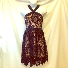 Beautiful Deep Navy Embroidered Lace Over Flesh-Tone Underlay. Spring Cocktail Lace Dress With Lace Work, Spring Cocktail Dress With Lace Work, Spring Cocktail Dresses With Lace Work, Spring Lace Dress With Lace Bodice For Date Night, Scalloped Lace Dress For Spring Night Out, Spring Dress With Scalloped Lace For Night Out, Spring Scalloped Lace Dress For Night Out, Spring Evening Dress With Contrast Lace, Evening Dress With Contrast Lace For Spring