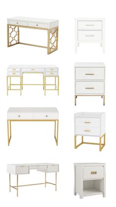 six white and gold desks with drawers on each side, all in different styles