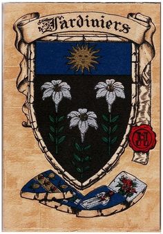 an old coat of arms with flowers on it