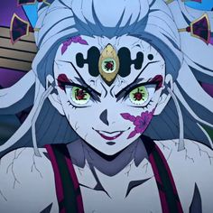 an anime character with blue hair and green eyes, wearing white make - up on her face