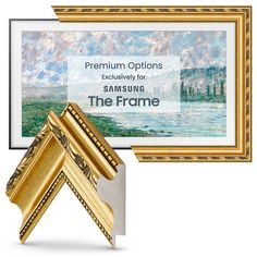 two framed paintings with gold frames and the frame has an inscription on it that reads, premium options for samsung the frame