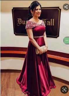 Velvet dress with giving great look on shoulders having work Party Gown Designs Indian, Bridal Party Wear Dresses, One Pices Dress Design For Party, Long Gown Neck Designs, Stylish Gowns Designs For Wedding, Handwork Gown Designs, Red Gowns Dresses Indian Party Wear, One Pices Dress Design, 1 Pices Dress