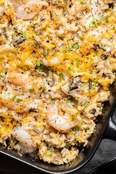 shrimp casserole in a cast iron skillet