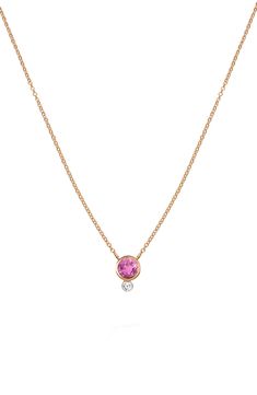 A bright pink sapphire alight with a diamond bezel anchors the 14-karat-gold chain of this wear-anywhere necklace. 16" length; 2" extender; 1/4" pendant diameter 14k gold/pink sapphire/diamond Imported >Diamond Guide Pink Diamond Jewelry, Pink Sapphire Pendant, Sapphire Diamond Pendant, Infinity Earrings, Studded Necklace, Pink Necklace, Pink Gemstones, Sapphire Necklace, Diamond Pendant Necklace