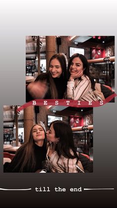 two women are kissing each other in front of a photo booth with the words besties till the end