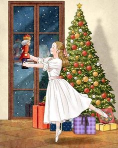 a painting of a girl in front of a christmas tree opening the door to another room