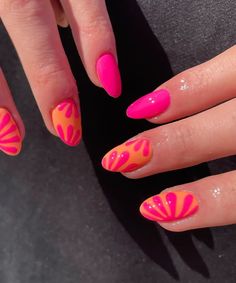 Must-Have Summer Nail Colors and Trends for the Season! - WomenSew Nail Inspo Without Acrylics, Orange Trendy Nails, Trendy Vacation Nails, Pink And Orange Nail Designs, Bright Vacation Nails, Tropical Summer Nails, Cancun Nails, Orange And Pink Nails, Pink And Orange Nail