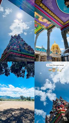 four different pictures with the sky and clouds in them, one has a temple on top