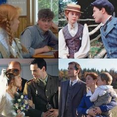 four different pictures of people dressed in period clothing and hats, one is holding a child