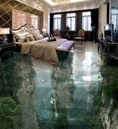 a bedroom with an underwater floor that looks like it is floating in the water,