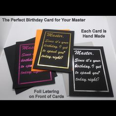 birthday cards with the words master and handmade on front of card is black, orange, and pink