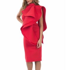 One Side Halter Ruffle Dress Midi Dress Available Sizes S,M, L Measurement Size S Bust: 30 Inches + 2 Inches Stretch Waist: 26 Inches + 2 Inches Stretch Hip: 32 Inches + 2 Inches Stretch Dress Length: 42 Inches Fabric: Polyester/Spandex Red Ruffled Midi Dress For Party, Red Ruffled Knee-length Midi Dress, Red Knee-length Midi Dress With Ruffles, Chic Red Sleeveless Ruffle Dress, Chic Red Ruffle Dress, Dress Midi, Stretch Dress, Ruffle Dress, Lady In Red