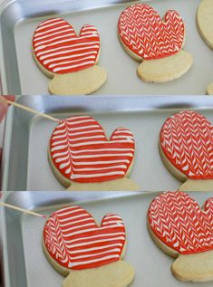 cookies decorated to look like hearts on a baking sheet