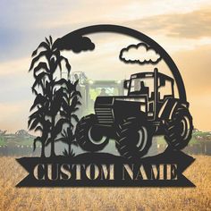 a metal sign that says custom name in front of a farm scene with a tractor