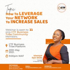 a woman standing in front of an orange and white poster with the words how to leverage your network to increase sales