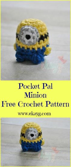 two pictures of a minion crochet pattern with the words pocket pal on it