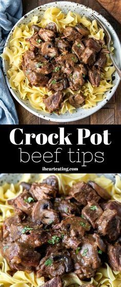 crock pot beef tips in a bowl with noodles