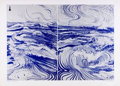 two blue and white paintings with waves in the water, one is on top of another