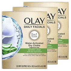 Olay Daily Facials for Clean Sensitive Skin, Makeup Remover Wipes, Soap-Free and Fragrance-Free Cleanser Cloths, 33 Count (Pack of 3) (Packaging may vary) Makeup Remover Sensitive Skin, Sensitive Skin Makeup, Makeup Eraser, Clean Fragrance, Makeup Remover Wipes, Cleansing Wipes, Aloe Leaf, Cosmetic Items, How To Exfoliate Skin