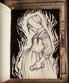 a drawing of a woman holding a hot dog in her right hand and wearing a dress with flames on it