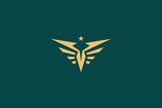 a gold and green logo with an eagle in the center on a dark background,