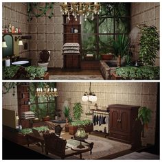 two pictures of a living room with plants in it