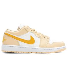 Inspired by the 1985 original AJ1, the Air Jordan 1 Low Shoe offers a clean, classic look in a low-cut model that's perfect for casual wear. Pictured is the Air Jordan 1 Low in Sail/Yellow Ochre/Pale Vanilla. DUE TO THE LIMITED NATURE OF THIS PRODUCT, ALL SALES ARE FINAL. THIS ITEM IS NOT ELIGIBLE FOR DISCOUNTS OR SPECIAL PROMOTIONS. Leather and synthetic upper Air-Sole unit Rubber outsole All sizes are listed in U.S. Women's sizing unless stated otherwise Style no: DC0774-170 Air Jordan 1 Low Women, Jordan 1 Low Women, Blue Air Max, Oakley Latch, Women Sailing, Yellow Ochre, White C, Air Jordan 1 Low, Jordan 1 Low