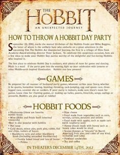 the hobbit poster with instructions for how to throw a hobbi day party