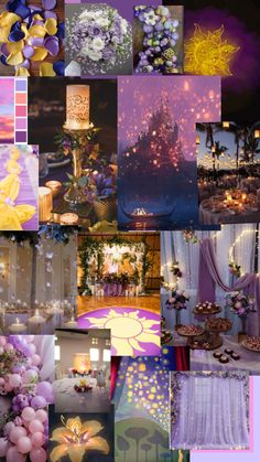 a collage of photos with flowers, candles and decorations in purples and yellows