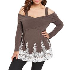 Plus Size Cold Shoulder Front Criss Cross Applique T-shirt - Coffee - 3086777724 - Women's Clothing, Plus Size Women's Clothing  #PlusSizeWomensClothing #Women's #Clothing # #Plus #Size #Women's #Clothing Shoulder Applique, Cross Applique, Plain T Shirt, Cold Shoulder Long Sleeve, Ladies Tee Shirts, Trendy Plus Size Clothing, Plus Size Womens Clothing, Off Shoulder Tops, Casual Blouse