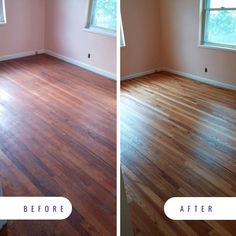 an empty room with hard wood flooring before and after it is painted pinkish