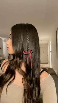 Hair Styles Bow With Hair, Braids And Ribbons Hairstyles, Small Braid With Ribbon, Two Braids Hairstyle With Hair Down, Hairstyle With Bow Tie, Ribbon Hairstyle Hair Down, Bow Hairstyle With Bangs, Braid And Bow Hairstyles, Ribbon Hairstyle Straight Hair