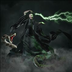 a man dressed in black and holding a snake on his arm with lightning behind him