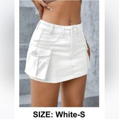 Nwt Shein White Cargo Skirt! Short Skirt Size Small White Non-stretch Mini Skirt, Non-stretch White Mini Skirt, Spring High Waist Stretch Cargo Skirt, Spring High-waist Stretch Cargo Skirt, Fitted Mini Cargo Skirt For Summer, Spring Stretch Mini Cargo Skirt, Fitted Mini Skirt Casual Style, Mini Cargo Skirt For Spring, White High Waist Mini Skirt