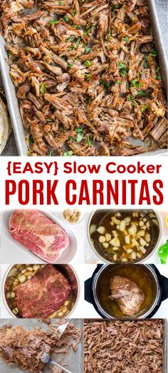 an easy slow cooker pork carnitas recipe that is ready to be eaten