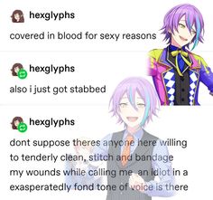 two anime characters with different expressions on their faces, one has purple hair and the other has