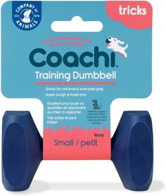 a small blue dog toy with the words coach training dumbbell on it's front