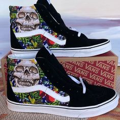 New In The Box Authentic Vans Men’s Sk8-Hi Fruit Skull Black/White Vn0005u9ba2 Sneakers Vans Men, Authentic Vans, Vans Black And White, Shoes Vans, Vans Black, Sk8 Hi, Vans Sneakers, Mens Vans, Vans Shoes