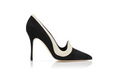 Designer Black and Cream Suede Pointed Toe Pumps  - Image Side View Manolo Blahnik Black, Bridal Shoes Flats, Wedding Dress Shoes, Evening Wedding, Scarf Gift, Mule Sandals, Black And Cream, Flat Boots, Square Scarf