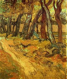 an image of a painting of trees in the fall season with leaves falling off them