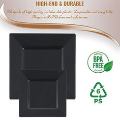 • Approx. inner dimensions: 3.5" x 3.5" • Approx. outer dimensions: 4.5" x 4.5" • Approx. outer rim: 1" • Case quantity: 12 packs of 20 plates • Color: Black • Shape: Square • Material: Plastic • Disposable: One-time, single-party use • Recycling code: #6 PS Polystyrene • BPA-free: Yes Plastic Dinnerware Sets, Disposable Plastic Plates, Black Dinner, Plastic Dinnerware, Dining Ware, Orange Square, Elegant Dinner, Plastic Design, Plastic Plates