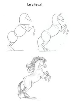 two drawings of horses running in different directions