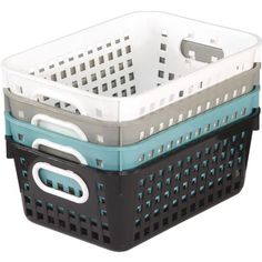 three plastic baskets stacked on top of each other, one with blue and white handles