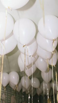 many white balloons are hanging from the ceiling