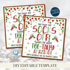 two christmas greeting cards with the words, 50 socks and 100 % off on them