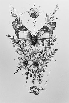 a black and white drawing of a butterfly with flowers on it's back side