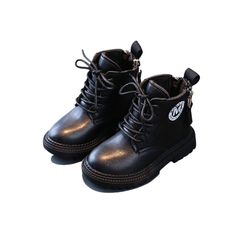 Children's Short Leather Boots are what your child needs for the Spring to Autumn months! Their simplistic yet trendy design pairs well with any outfit and accentuates it. They are smooth and glossy and feature a black sole and logo on the side of the boot. The zipper is convenient and the laces on the front can be used as decoration or to help teach your child how to tie them. Have your child walk in style! PRODUCT HIGHLIGHTS: Outsole Material: Rubber Upper Material: Leather Fashion Element: Se Black Round Toe Boots For School, Fall High-top Boots For School, Casual Black Martin Boots With Zipper, Casual Black Martin Boots With Zipper Closure, Disney Slippers, Disney Sneakers, Led Shoes, Short Leather Boots, Rain Shoes