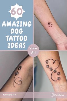 four different tattoos with the words amazing dog tattoo ideas written on each arm and paw prints