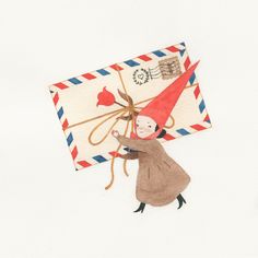 a drawing of a woman flying an envelope with a red hat on it's head