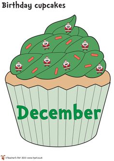 a birthday cupcake with green frosting on top and the words december written below it